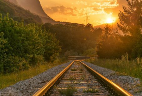 Train - brown railway during sunset