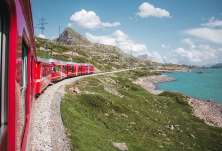Train - red train near lake