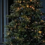 Holiday Seasons - Tall green Christmas tree decorated with small glowing garlands and surrounded by shelves and bunch of boxes with gifts in dark room